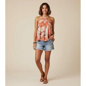 ENTRO Orange‎ & Pink Boho Style Tassel Print Flowy Halter Top Size Large